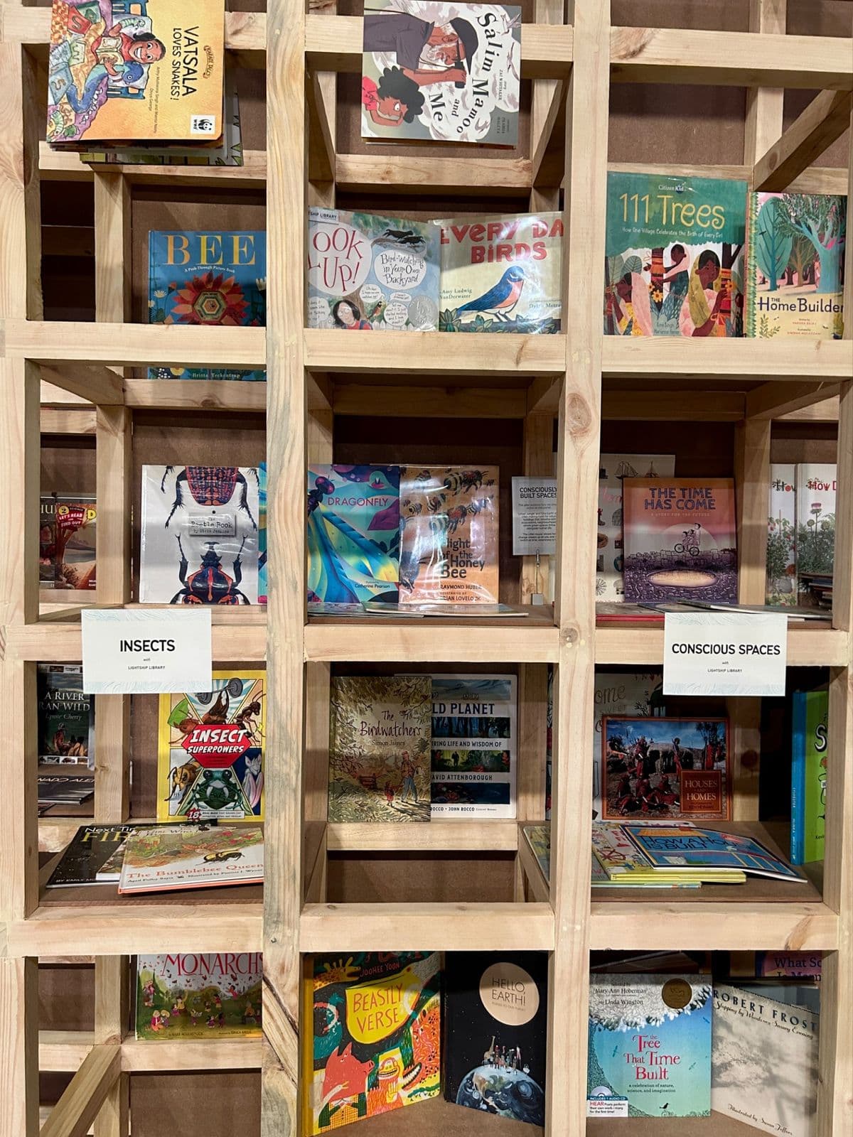 A wooden shelf display of curated books sorted by topic